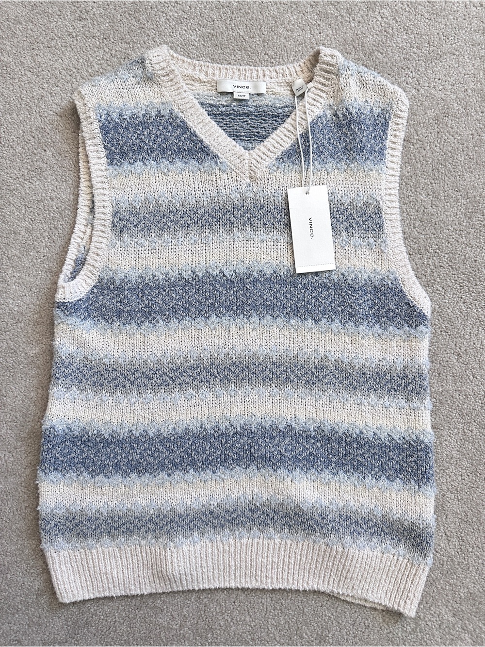 Vince Striped V-Neck Knit Sweater Vest in Blue and Cream